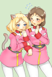 Rule 34 | 2girls, ahoge, animal ears, belt, blonde hair, blue eyes, blush, breasts, brown eyes, brown hair, cat ears, cat tail, commentary request, covering own mouth, dress, gundam, hand over own mouth, jacket, medium breasts, military, military jacket, military uniform, mirai yashima, mobile suit gundam, multiple girls, open mouth, ozizi, pantyhose, sayla mass, short hair, simple background, smile, surprised, tail, uniform, white legwear, yuri