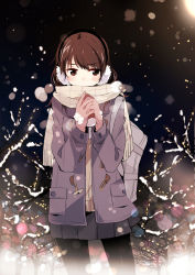 Rule 34 | 1girl, backpack, bag, black pantyhose, blush, brown eyes, brown hair, can, coat, covering own mouth, earmuffs, gloves, long hair, night, night sky, original, pantyhose, scarf, scarf over mouth, school uniform, skirt, sky, snow, solo, sweater vest, taneda yuuta, tree, winter