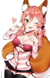 Rule 34 | 10s, 1girl, animal ears, bad id, bad pixiv id, black legwear, breasts, cleavage, clenched hands, fang, fate/extra, fate/extra ccc, fate/grand order, fate (series), fox ears, fox tail, hair between eyes, hair ribbon, heart, highres, kurut, kurutsu, long hair, long sleeves, looking at viewer, low twintails, medium breasts, miniskirt, official alternate costume, one eye closed, open mouth, paw pose, pink hair, ribbon, simple background, skirt, solo, tail, tamamo (fate), tamamo no mae (fate/extra), twintails, twitter username, unzipped, white background, yellow eyes