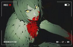 Rule 34 | 1girl, battery indicator, blood, blood from mouth, blood on face, viewfinder, commentary, denimcatfish, dungeon meshi, english commentary, falin touden, falin touden (chimera), feathers, looking at viewer, parted lips, short hair, slit pupils, solo, spoilers, white feathers, yellow eyes