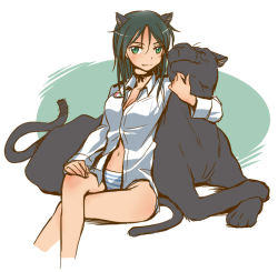 Rule 34 | 1girl, aged up, animal, black hair, black panther, francesca lucchini, long hair, military, mukiki, panther, panties, solo, strike witches, striped clothes, striped panties, twintails, underwear, uniform, world witches series