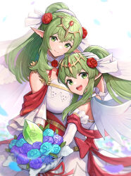 Rule 34 | 2girls, absurdres, age difference, bouquet, breasts, bridal veil, bride, dress, dual persona, fire emblem, fire emblem: mystery of the emblem, fire emblem awakening, fire emblem heroes, flower, gonzarez, green eyes, green hair, hair ornament, highres, holding, holding bouquet, large breasts, long hair, looking at viewer, multiple girls, nintendo, official alternate costume, open mouth, pointy ears, ponytail, smile, tiki (adult) (bridal) (fire emblem), tiki (adult) (fire emblem), tiki (fire emblem), tiki (young) (bridal) (fire emblem), tiki (young) (fire emblem), veil, wedding, wedding dress, white dress