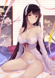 Rule 34 | 1girl, alexiel (pixiv6211566), alternate costume, autumn leaves, azur lane, bare shoulders, barefoot, black hair, blunt bangs, blush, breasts, cleavage, collarbone, flower, groin, hair flower, hair ornament, halterneck, has bad revision, has downscaled revision, hiei (azur lane), hiei (moonlit cruise) (azur lane), highres, horns, indoors, large breasts, long hair, long sleeves, looking at viewer, md5 mismatch, night, off shoulder, open mouth, panties, red ribbon, rei no himo, resolution mismatch, ribbon, sitting, sleepwear, smile, solo, source smaller, thighs, underwear, weiza, yellow eyes