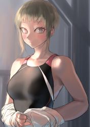 Rule 34 | 1girl, bare shoulders, blush, breasts, bright pupils, closed mouth, competition swimsuit, grey eyes, grey hair, heterochromia, highres, kilye kairi, looking at viewer, medium breasts, one-piece swimsuit, original, pink eyes, shirt, sidelocks, smile, solo, swimsuit, undressing, upper body, white pupils, white shirt