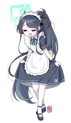 Rule 34 | 1girl, absurdly long hair, absurdres, apron, aris (blue archive), aris (maid) (blue archive), black hair, blue archive, closed eyes, halo, highres, junsuina fujunbutsu, leaning forward, long hair, maid, maid apron, maid headdress, official alternate costume, official alternate hairstyle, ponytail, shirt hold, solo, thighhighs, very long hair, white background, white thighhighs