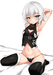 Rule 34 | 1girl, armpits, arms behind head, bed sheet, belt, black panties, black thighhighs, breasts, cowfee, fate/apocrypha, fate (series), green eyes, highres, jack the ripper (fate/apocrypha), looking at viewer, navel, panties, scar, scar on face, short hair, sitting, slit pupils, small breasts, solo, string panties, thighhighs, underwear, white hair