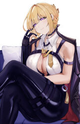 1girl absurdres arm_strap black_choker black_gloves black_pants blonde_hair choker evelyn_chevalier feet_out_of_frame gloves hand_up highres leggings looking_at_viewer mole mole_under_eye pants purple_eyes ritou08 shirt short_hair sitting sleeveless sleeveless_shirt smile solo thighs white_background white_shirt zenless_zone_zero