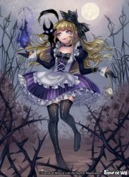 Rule 34 | 1girl, apron, blonde hair, bow, bowtie, cat, clock, copyright name, dress, flower, force of will, full body, gloves, green eyes, leaf, long hair, matsurika youko, moon, night, night sky, official art, open mouth, piercing, rose, sky, solo, thighhighs, thorns
