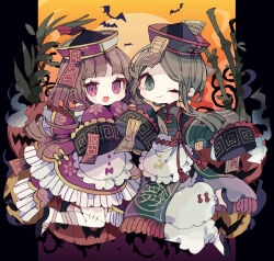 2girls @_@ alternate_costume apron bamboo bandaged_leg bandages bat_(animal) black_footwear brown_hair closed_mouth commentary_request dress flats floral_print floral_print_dress frilled_apron frills full_body green_dress green_eyes green_hair halloween halloween_costume hat hat_tassel highres jack-o&#039;-lantern jiangshi_costume leaf looking_at_viewer mandarin_collar multiple_girls nikorashi-ka nishida_satono ofuda one_eye_closed open_mouth pants purple_dress purple_eyes sidelocks sleeves_past_fingers sleeves_past_wrists smile teireida_mai touhou waist_apron white_apron white_pants