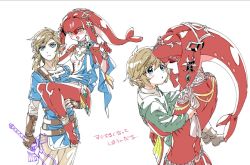 Rule 34 | 1boy, 1girl, blonde hair, blue eyes, blush, breasts, carrying, colored skin, closed eyes, fins, fish girl, gills, hair ornament, jewelry, link, long hair, looking at viewer, mipha, monster girl, multicolored skin, nintendo, no eyebrows, pointy ears, princess carry, red hair, red skin, shuri (84k), smile, the legend of zelda, the legend of zelda: breath of the wild, translation request, yellow eyes, aged down, zora