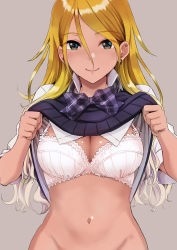 Rule 34 | 1girl, blonde hair, bow, bow bra, bra, breasts, cleavage, clothes lift, ear piercing, earrings, gradient hair, grey background, groin, hair between eyes, idolmaster, idolmaster shiny colors, izumi mei, jewelry, large breasts, lifted by self, long hair, looking at viewer, multicolored hair, navel, no panties, out-of-frame censoring, piercing, school uniform, shiroyukimajima, shirt lift, simple background, smile, solo, underwear, vest lift, white bra