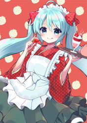Rule 34 | 1girl, ahoge, apron, aqua eyes, aqua hair, commentary, cup, food, fruit, green skirt, hair ribbon, hands up, hatsune miku, highres, holding, holding food, holding fruit, holding tray, japanese clothes, kimono, long hair, looking at viewer, maid apron, maid headdress, mitsugushi yuu, parfait, polka dot, polka dot kimono, red kimono, red ribbon, red shirt, ribbon, shirt, skirt, smile, solo, strawberry, teacup, teapot, tongue, tongue out, tray, twintails, upper body, very long hair, vocaloid, wafer stick, wide sleeves