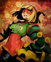 Rule 34 | 1girl, @ @, arms (game), beanie, blonde hair, blunt bangs, blunt ends, bob cut, breasts, chinese clothes, chinese text, clothes writing, crop top, domino mask, dragon, dragon (arms), eastern dragon, eyebrows visible through mask, food, green eyes, green shirt, hat, isamu-ki (yuuki), knit hat, looking at viewer, mask, medium breasts, min min (arms), noodles, open mouth, orange background, ringed eyes, shirt, short hair, signature, solo, splatter, splatter background, teeth, turtleneck