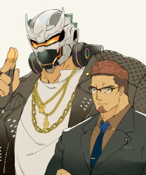 Rule 34 | 2boys, bara, blue necktie, character request, facial hair, formal, glasses, goatee, gold necklace, grey suit, headphones, headphones around neck, height difference, hinokumo f, jacket, jewelry, live a hero, male focus, mask, mature male, mole, mole under eye, multiple boys, muscular, muscular male, necklace, necktie, open clothes, open jacket, salute, short hair, suit, two-finger salute, upper body