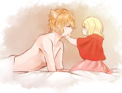 Rule 34 | 1boy, 1girl, age difference, aged down, animal ears, arm support, bed, bed sheet, big bad wolf (cosplay), blonde hair, blue eyes, blush, cape, child, closed mouth, collarbone, cosplay, diabolik lovers, dress, from side, full body, hands on another&#039;s face, hood, komori yui, little red riding hood, little red riding hood (grimm), little red riding hood (grimm) (cosplay), looking at another, lying, manmosu, petite, profile, red eyes, rejet, sakamaki shuu, simple background, sitting, size difference, topless male, upper body, wolf ears