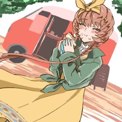 Rule 34 | 1girl, blush, braid, brown hair, chewing, closed eyes, closed mouth, crown braid, dress, eating, fate/grand order, fate (series), food, food on face, green jacket, hairband, holding, holding food, jacket, motor vehicle, official alternate costume, shimogamo (shimomo 12), side braid, solo, tree, truck, van gogh (city where dreams are born) (fate), van gogh (fate), yellow dress, yellow hairband