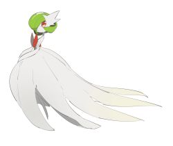 Rule 34 | 1girl, apios, bare shoulders, bob cut, closed mouth, colored skin, creatures (company), dress, elbow gloves, female focus, flat chest, from side, full body, game freak, gardevoir, gen 3 pokemon, gloves, green hair, hair over one eye, highres, looking at viewer, mega gardevoir, mega pokemon, nintendo, pokemon, pokemon (creature), red eyes, short hair, simple background, solo, standing, strapless, strapless dress, white background, white dress, white gloves, white skin