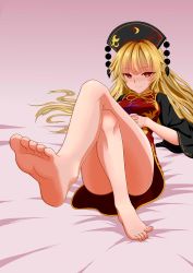 Rule 34 | 1girl, absurdres, animal print, bare legs, barefoot, bed, bird, bird print, black dress, black hat, blonde hair, blush, bow, bowtie, breasts, c.rabbit, chinese clothes, closed mouth, crescent, crossed legs, dress, eyes visible through hair, feet, hair between eyes, hat, highres, junko (touhou), legs, long hair, long sleeves, looking at viewer, medium breasts, phoenix, phoenix crown, pom pom (clothes), red eyes, red vest, sitting, smile, soles, solo, tabard, thighs, toes, touhou, vest, wide sleeves, yellow bow, yellow bowtie