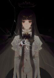 Rule 34 | 1girl, arknights, black background, black bow, black hair, black halo, black wings, bleeding, blood, blood on clothes, blood on face, blunt bangs, bow, broken glass, broken halo, brown eyes, bullet hole, center frills, chinese commentary, cleavage cutout, closed mouth, clothing cutout, collared dress, commentary request, cowboy shot, dark halo, detached wings, dim lighting, dress, dripping, elbow gloves, energy wings, expressionless, frilled dress, frilled shirt collar, frilled sleeves, frills, glass, gloves, halo, highres, hime cut, horror (theme), injury, lips, long hair, longinusindream, looking at viewer, microdress, mole, mole under eye, pale color, panties, puffy short sleeves, puffy sleeves, ribbon, short sleeves, sidelocks, simple background, solo, standing, thighhighs, underwear, very long hair, virtuosa (arknights), white dress, white gloves, white panties, white thighhighs, wings