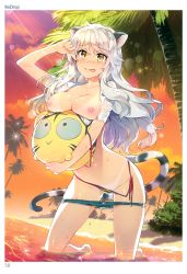 Rule 34 | 1girl, :p, absurdres, animal ears, ball, beach, beachball, bikini, bikini pull, bikini tan, blush, breasts, breasts out, cat ears, cat tail, cleavage, clothes pull, comic toranoana, cutoffs, dojikko pose, highres, kneeling, kotora (toranoana), leaning forward, lens flare, long hair, nipples, nose blush, open clothes, open shirt, outdoors, pants, pants pull, partially submerged, redrop, scan, shirt, short shorts, shorts, shorts pull, side-tie bikini bottom, sidelocks, silver hair, solo, sparkle, sunlight, sunset, swimsuit, tail, tan, tanline, tiger eaars, tiger ears, tiger tail, tongue, tongue out, toranoana, wading, wet, wet clothes, wet hair, wet shirt, yellow eyes