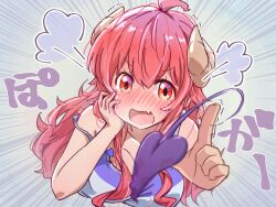 Rule 34 | 1girl, ahoge, blue shirt, blurry, blush, breasts, cleavage, commentary, demon girl, demon horns, demon tail, depth of field, embarrassed, emphasis lines, fang, full-face blush, hair between eyes, hand on own cheek, hand on own face, highres, horns, icorasama, index finger raised, large breasts, long hair, looking at viewer, machikado mazoku, open mouth, pointing, pointing at viewer, puff of air, red eyes, red hair, shirt, simple background, skin fang, sleeveless, sleeveless shirt, solo, sound effects, strap slip, tail, trembling, upper body, v-shaped eyebrows, yoshida yuuko (machikado mazoku)