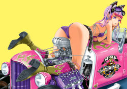 Rule 34 | 1girl, animal ears, bikini, boots, car, cat, cat ears, cat tail, checkered flag, crown, engine, flag, flame print, goggles, katouken (ktn-works), long hair, motor vehicle, multicolored hair, on vehicle, original, pink hair, purple eyes, red hair, solo, spark plug, straddling, swimsuit, tail, twintails, two-tone hair, vehicle