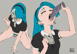 Rule 34 | 1boy, blue eyes, blue hair, censored, crossdressing, dildo, earrings, closed eyes, flaccid, highres, jewelry, khindzadza, khindzadza (character), long hair, looking at viewer, mask, nail polish, open mouth, original, penis, penis ribbon, ribbon, sex toy, solo, tongue, tongue out, trap