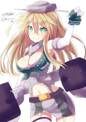Rule 34 | 10s, 1girl, arms up, blonde hair, blue eyes, breasts, cannon, cleavage, elbow gloves, fingerless gloves, garter straps, gloves, hair between eyes, highres, hizaka, iowa (kancolle), kantai collection, machinery, miniskirt, rigging, signature, skirt, smile, solo, star-shaped pupils, star (symbol), striped clothes, striped thighhighs, symbol-shaped pupils, thighhighs, twitter username