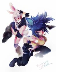 Rule 34 | 2girls, angel (kof), animal ears, blue eyes, blue hair, boots, breasts, chaps, chibi, dog tags, fingerless gloves, gloves, highres, large breasts, leona heidern, multiple girls, one eye covered, ponytail, rabbit ears, rabbit tail, short hair, snk, tail, tank top, the king of fighters, the king of fighters: a new beginning, the king of fighters xiv, toj1 toj1, white hair, yellow tank top