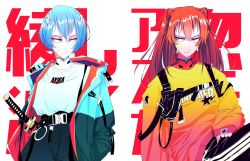 Rule 34 | 2girls, absurdres, akira (manga), ayanami rei, baggy clothes, belt, blue hair, bodysuit, bodysuit under clothes, crossover, hair between eyes, hairpods, hand in pocket, highres, holster, interface headset, jacket, jitome, katana, long hair, looking at another, loose clothes, multiple girls, neon genesis evangelion, nike (company), open clothes, open jacket, orange eyes, orange hair, pants, plugsuit, product placement, sheath, sheathed, short hair, shoulder holster, sleeves past wrists, souryuu asuka langley, sweater, sword, twintails, vinne, weapon
