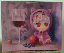 Rule 34 | 1girl, apple, blue hair, closed mouth, commentary, cup, drinking glass, english commentary, food, fruit, fumo (doll), grapes, hat, highres, looking at viewer, mob cap, oil painting (medium), painting (medium), pink hat, red eyes, remilia scarlet, short hair, smile, solo, strawberry, touhou, traditional media, twitter username, wine glass, yuuren kyouko