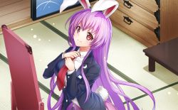 Rule 34 | 1girl, animal ears, artist request, black jacket, blazer, blush, breasts, crescent, crescent pin, drawer, hands up, head tilt, indoors, jacket, large breasts, long hair, long sleeves, looking at viewer, mirror, necktie, open clothes, open jacket, pink skirt, purple hair, rabbit ears, rabbit girl, rabbit tail, red eyes, red necktie, reisen udongein inaba, shirt, sidelocks, skirt, sliding doors, smile, solo, tail, tatami, touhou, touhou cannonball, upper body, very long hair, white shirt