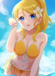 Rule 34 | 1girl, absurdres, ayase eli, bikini, blonde hair, blue eyes, blush, breasts, cleavage, cloud, cloudy sky, commentary request, day, flower, hair flower, hair ornament, highres, long hair, looking at viewer, love live!, love live! school idol project, medium breasts, navel, ocean, open mouth, outdoors, signature, sky, sky-blue1104, solo, stomach, swimsuit, yellow bikini