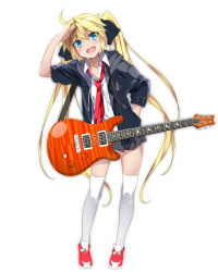 Rule 34 | 1girl, :d, ahoge, blonde hair, blue eyes, bow, electric guitar, guitar, hair bow, hair ribbon, highres, hood, hooded jacket, instrument, jacket, long hair, looking at viewer, mtu (orewamuzituda), necktie, open mouth, original, pleated skirt, ribbon, salute, school uniform, simple background, skirt, smile, solo, thighhighs, twintails, white background, white thighhighs, zettai ryouiki