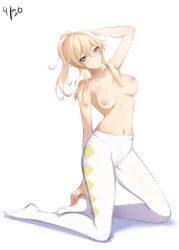 Rule 34 | 1girl, argyle, argyle clothes, argyle pants, arm up, blonde hair, closed mouth, collarbone, dated, expressionless, full body, genshin impact, grey eyes, highres, jean (genshin impact), kneeling, long hair, looking at viewer, navel, nipples, no shoes, pants, ponytail, sidelocks, solo, stomach, topless, white pants, yu-ta