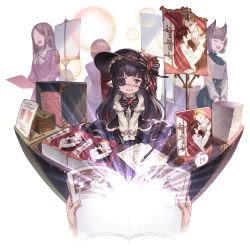 Rule 34 | 4girls, black dress, black hair, blue eyes, blunt bangs, blush, bow, box, brown hair, dress, erune, eyepatch, faceless, faceless female, frills, gothic lolita, granblue fantasy, harvin, hat, hat bow, jewelry, lolita fashion, long hair, long sleeves, looking at viewer, lunalu (granblue fantasy), manga (object), multiple girls, nervous smile, official art, open mouth, pen, pendant, pointy ears, reading, sitting, sketchbook, smile, transparent background, white background