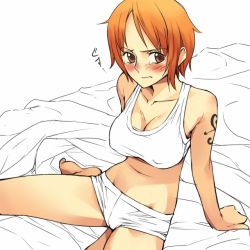 Rule 34 | 1girl, barefoot, bed, blush, breasts, brown eyes, covered erect nipples, feet, large breasts, micro shorts, midriff, mosha, nami (one piece), one piece, orange hair, short hair, short shorts, shorts, solo, tattoo, unfinished