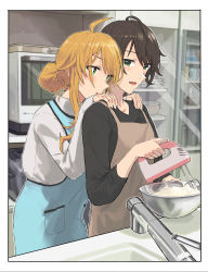 Rule 34 | absurdres, ahoge, apron, baking, black hair, blush, bowl, character request, cream, epitaph (1122), faucet, green eyes, hair bun, hands on another&#039;s shoulders, highres, hoshii miki, idolmaster, idolmaster (classic), long hair, long sleeves, mixer (cooking), short hair, siblings, sink, sisters, smile
