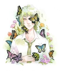 Rule 34 | 1boy, bandaid, bandaid on face, bug, butterfly, collared shirt, driftwoodwolf, expressionless, flower, green eyes, green hair, green necktie, insect, looking at viewer, male focus, mole, mole under eye, necktie, original, shirt, simple background, solo, upper body