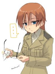 Rule 34 | ..., 1girl, blue eyes, cleaning, cleaning glasses, edytha neumann, glasses, highres, holding, holding removed eyewear, long hair, makaze (t-junction), military, military uniform, orange hair, simple background, solo, spoken ellipsis, strike witches, twitter username, uniform, unworn eyewear, white background, witches of africa, world witches series