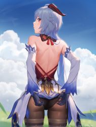 Rule 34 | 1girl, absurdres, ahoge, artist request, ass, back, back focus, bare shoulders, black pantyhose, blue hair, blue sky, blush, bodysuit, deep skin, detached sleeves, from behind, ganyu (genshin impact), genshin impact, gloves, highres, horns, long hair, looking at viewer, looking back, looking down, naughty face, pantyhose, red eyes, shiny clothes, sky, smile, solo, thighs, very long hair, waist cape