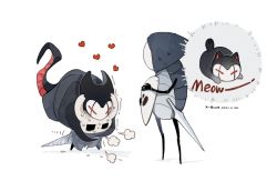 Rule 34 | artist name, black cloak, cat, cloak, dated, from side, grimmchild, heart, highres, holding, holding mask, holding sword, holding weapon, hollow eyes, hollow knight, hug, hug from behind, k-bone, knight (hollow knight), mask, quirrel, simple background, standing, sweat, sword, trembling, weapon, white background
