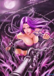 Rule 34 | 1girl, artist name, bare shoulders, breasts, chain, cleavage, cloud, downblouse, dress, facial mark, fate/stay night, fate (series), forehead mark, full moon, highres, large breasts, lips, long hair, looking at viewer, medusa (fate), medusa (rider) (fate), moon, nagumo (qmzp10), nameless dagger (fate), purple eyes, purple hair, narrow waist, solo, strapless, strapless dress, thighhighs, very long hair, weapon