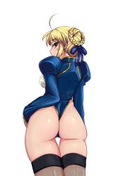 Rule 34 | 1girl, ahoge, artoria pendragon (all), artoria pendragon (fate), ass, black thighhighs, blonde hair, cameltoe, fate/stay night, fate (series), fishnets, green eyes, haruhisky, highres, leotard, long hair, looking back, saber (fate), shiny skin, short hair, solo, sweat, sweatdrop, thighhighs, thong