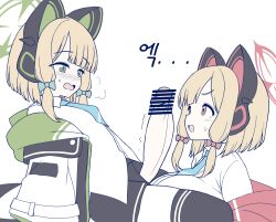 2girls absurdres alternate_breast_size animal_ear_headphones animal_ears blonde_hair blue_archive blue_necktie breasts cat_ear_headphones erection fake_animal_ears futa_with_female futanari green_eyes green_halo halo headphones highres huge_breasts incest looking_at_penis midori_(blue_archive) momoi_(blue_archive) multiple_girls necktie open_clothes pink_eyes pink_halo shirt short_hair siblings simple_background sisters twincest twins vector_(dmlddmld00) white_background white_shirt