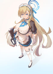 Rule 34 | 1girl, absurdres, apron, assault rifle, asuna (blue archive), black footwear, black skirt, blonde hair, blue archive, blue bow, blue bowtie, blue eyes, bow, bowtie, breasts, bullpup, choker, cleavage, collarbone, commentary, detached collar, earpiece, elbow gloves, famas, frilled apron, frills, full body, garter straps, gloves, gun, hair between eyes, hair ribbon, halo, hand on own hip, high heels, highres, holding, holding gun, holding weapon, koshouko (fenrisulfr1010), large breasts, long hair, looking at viewer, low neckline, maid headdress, parted lips, pleated skirt, ribbon, rifle, shadow, sidelocks, simple background, skirt, smile, solo, standing, swept bangs, thighhighs, very long hair, waist apron, weapon, white background, white gloves, zettai ryouiki