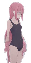 Rule 34 | 1girl, black one-piece swimsuit, blue eyes, bocchi the rock!, breasts, closed mouth, covered navel, gotoh hitori, highres, hiroki (yyqw7151), long hair, looking away, medium breasts, one-piece swimsuit, pink hair, sidelocks, simple background, solo, swimsuit, thighs, white background