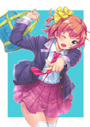 Rule 34 | 1girl, ;d, aqua background, aqua eyes, bag, blazer, bow, brown hair, dress shirt, fang, hair bow, jacket, komase (jkp423), necktie, one eye closed, one side up, open clothes, open jacket, open mouth, original, pointing, school bag, school uniform, shirt, skirt, smile, solo, thighhighs, white thighhighs, wink, zettai ryouiki
