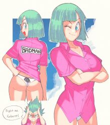 Rule 34 | 1girl, aqua hair, ass, back-print panties, blue eyes, blush, breasts, bulma, buttons, cleavage, clothes writing, cloud, crossed arms, dragon ball, dragonball z, english text, evil grin, evil smile, green hair, grin, hand on own hip, highres, inkerton-kun, large breasts, looking at viewer, multiple views, one eye closed, open mouth, panties, pink shirt, print panties, shirt, short hair, short sleeves, sky, smile, spiked hair, underwear, vegeta, white panties