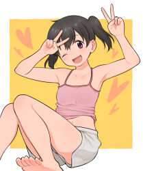 Rule 34 | 1girl, ;d, armpits, arms up, bare arms, bare shoulders, barefoot, black hair, blush, border, camisole, collarbone, commentary request, double v, flat chest, foot out of frame, grey shorts, happy, heart, heart background, highres, kuraue hinata, looking at viewer, meis (terameisu), midriff, navel, one eye closed, open mouth, orange background, outside border, pink camisole, purple eyes, short hair, shorts, sitting, smile, solo, sweat, toes, twintails, v, white border, yama no susume